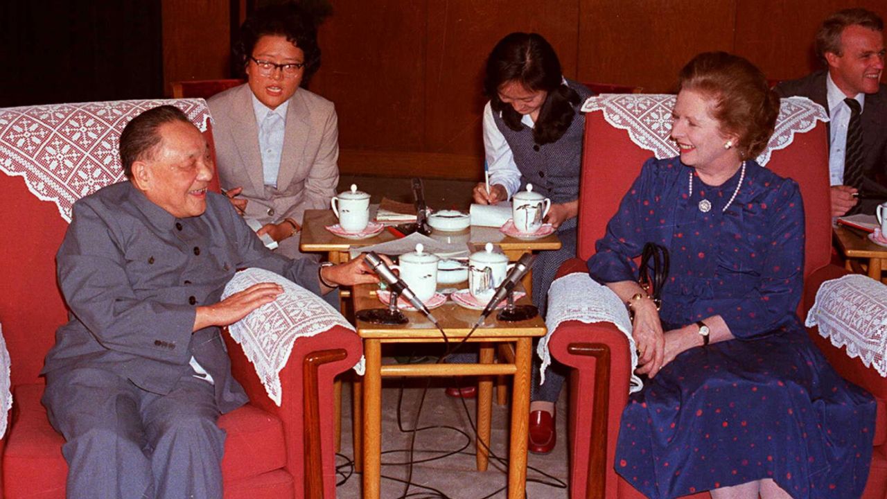 Former Chinese leader Deng Xiaoping and former British Prime Minister  Margaret Thatcher meet in Beijing ahead of the joint declaration on the future of Hong Kong in 1984.