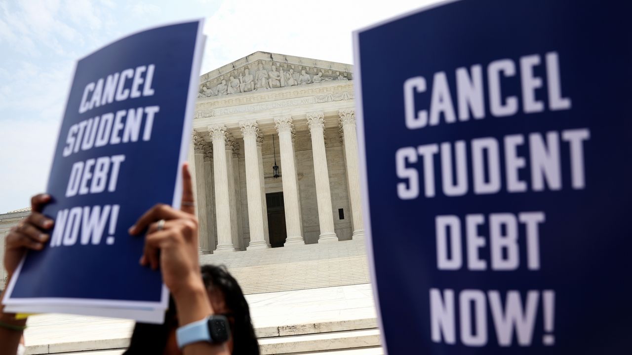 Student debt relief activists participate in a rally at the U.S. Supreme Court on June 30, 2023 in Washington, DC. In a 6-3 decision the Supreme Court struck down the Biden administration's student debt forgiveness program in Biden v. Nebraska.
